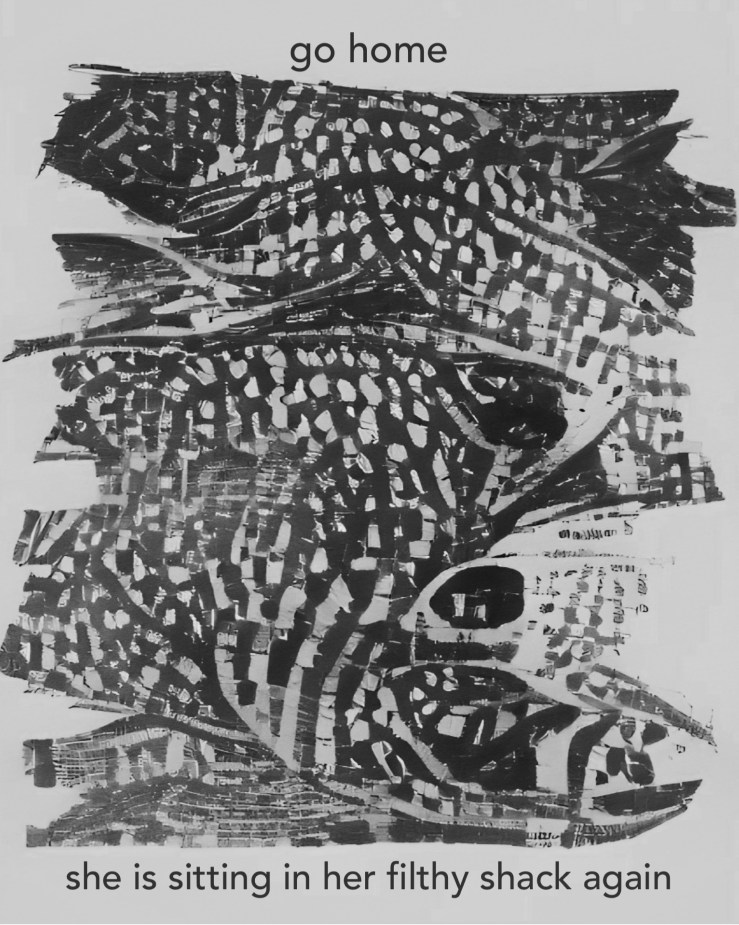 textured asemic waves   gestural brushstrokes abstract shapes and netting patterns fish transmuting back to abstraction (a feel of a silk screen or etching/print)  stacked in vertical rows, black patterned shapes against a grey background  Stark. Text: "go home" (at top); at bottom "she is sitting in her filthy shack again" (bottom).