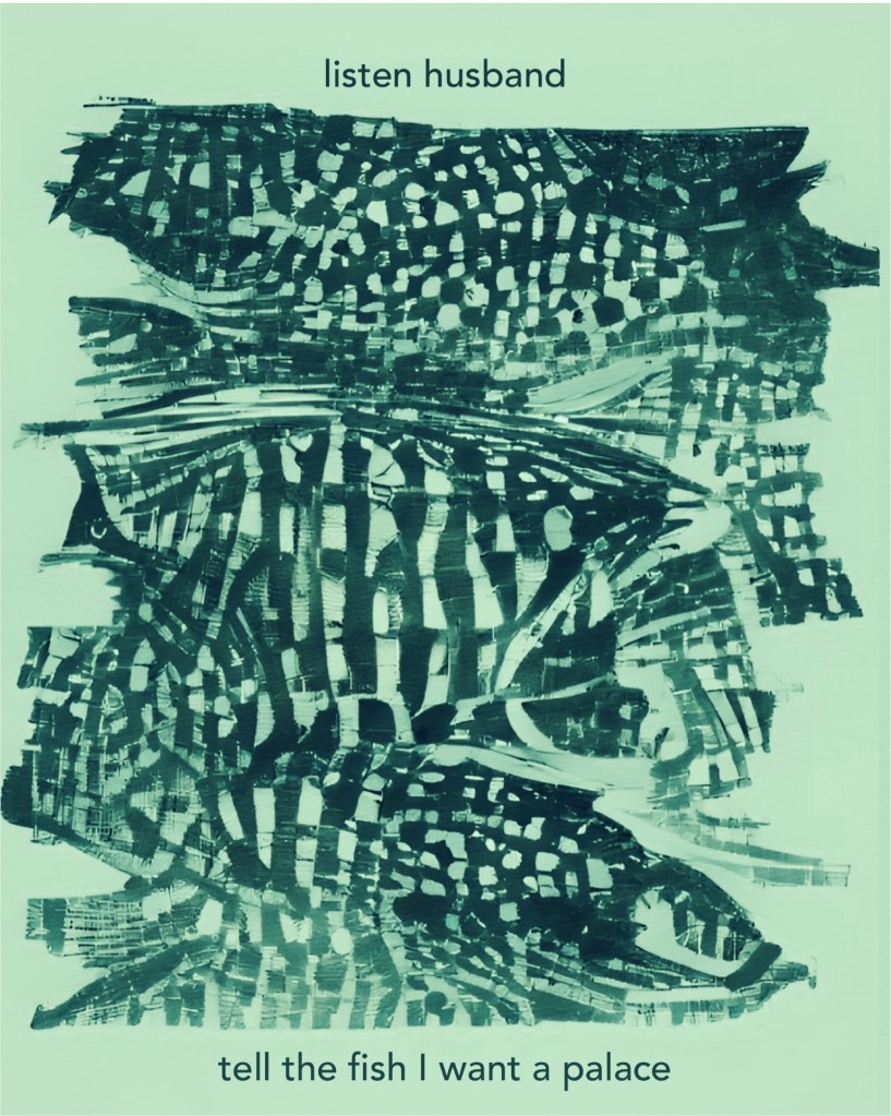 textured asemic waves   gestural brushstrokes  fish shapes and netting patterns stacked in vertical rows  a wash an etching shades of grey-green patterns atop a washed-muted pea green background Text: "listen husband" (at top); at bottom "tell the fish i want a palace" (bottom).