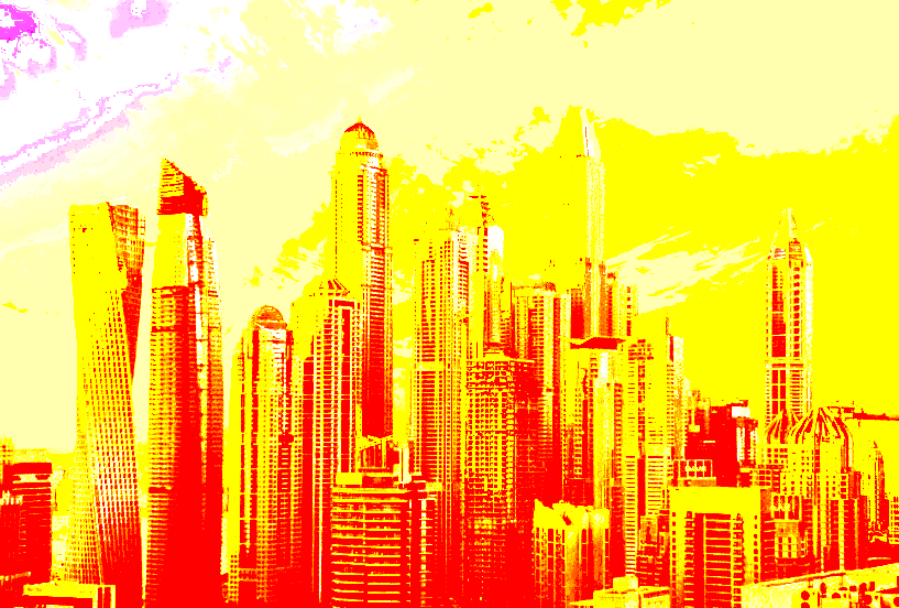 skyline red buildings yellow sky backdrop smudging of colors purple upper left squiggly sky a vispo image a sci fi city scape

