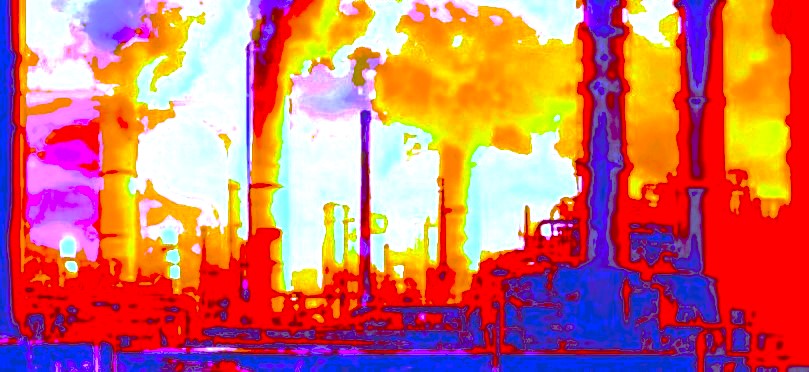 An industrial hellscape image in overly vibrant purples reds yellows pinks smoke pouring into a white-light green sky factory smokestacks horizontal view
