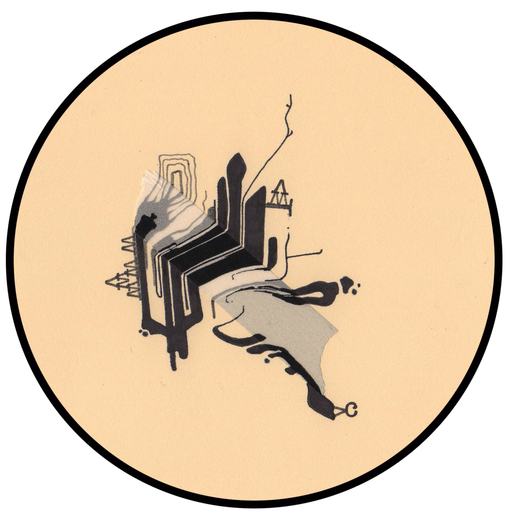 Folding sense of upper and lower areas separated by the ubiquitous piece of masking tape. The images weave above and below -- again a sense of melting -- abstract figures, a ravine, old buildings suggested, shadows, liquid. Black ink. 