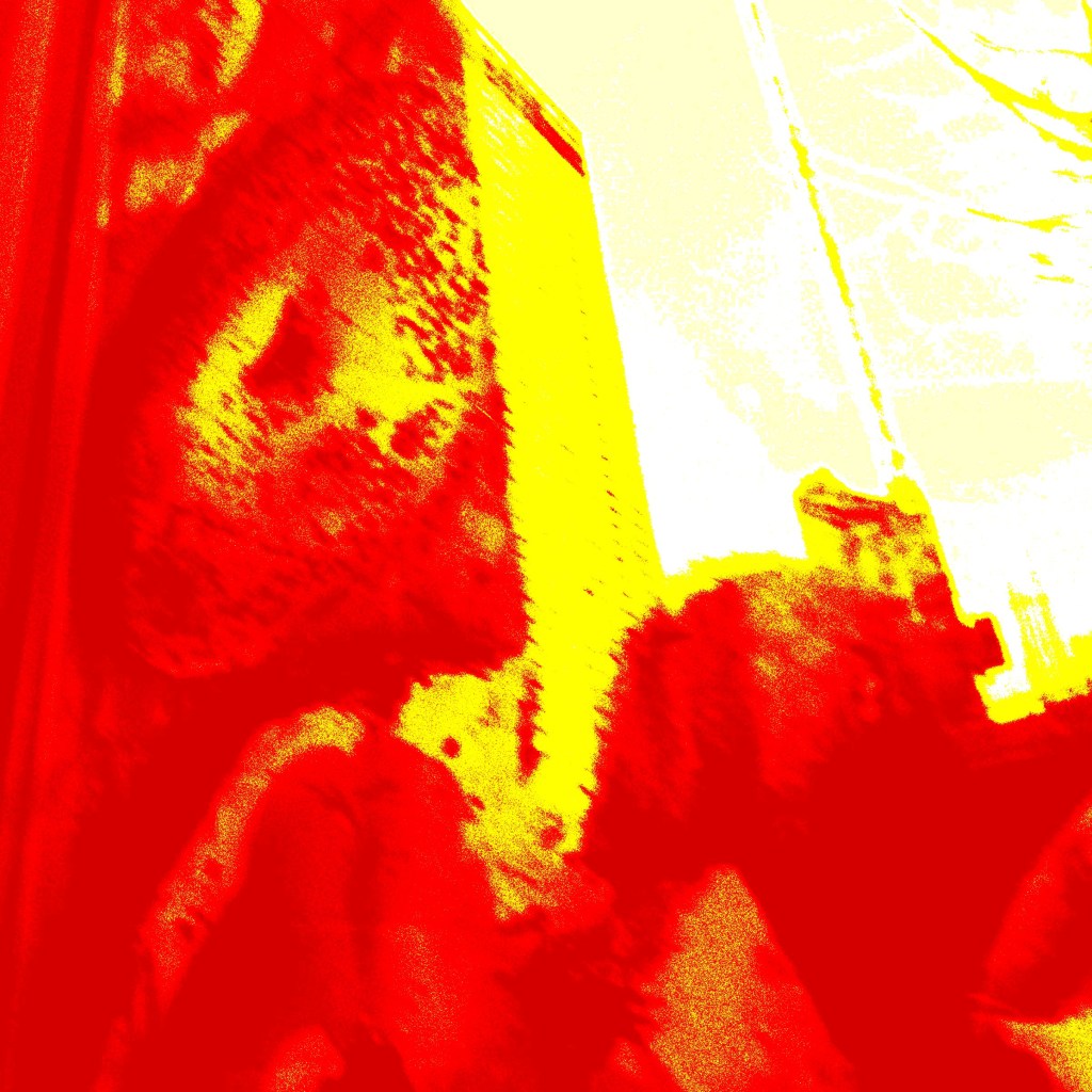 Demons at a window looking in -- distorted glitch visual poem construction in red and yellow fiery hint of a skyscraper building behind frames and curtains -- sense of dread and catastrophe. by Robert Frede Kenter (c) 2023. Same image as the banner above the poem.
