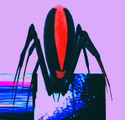 Purple background black and red glitch spider -- same hanging down on left side of screen/page. 