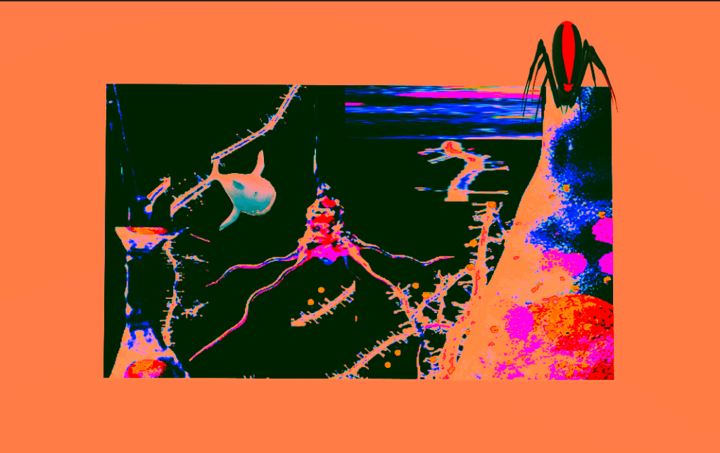 Orange black blue red version of collage "The Spider & The Whale" c. (2023) R. Frede Kenter. 
Sea/landscape glitch of microscopic and abstract tendrils, a whale, a spider, a TV screen (static) blurred, denuded, washed out and vibrant juxtapositions. 
