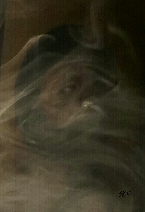 Abstract swirls of smoke imposed over an umber dark green/brown lush vertical field. (by Russell Carisse)