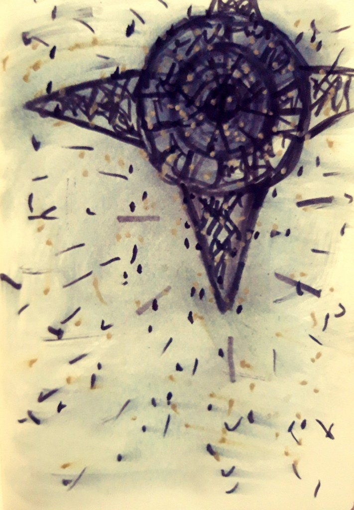 A purple black drawing centrifugal spinning compass with triangle arms -- lots of gestural squiggles all around the psychic figure to give the sense of motion and chaos of matter. (c) Louise Mather 2022.