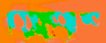 Orange and blue /and green horizontal cropped excerpt of original full image "Industrial Orange -- a Chemical Spill", a visual poem by Robert Frede Kenter (c) 2023. Excerpt a cross between a totemic animal and peeling paint from an orange wall, created by hand.