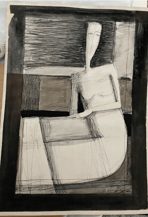 grey, beige, brown, a kind of post-cubist geometric work on paper using graphite, watercolor, inks. A portrait of a woman, sad, sitting behind, amidst rectangular blocks and rectangles behind her that form an abstract background. 