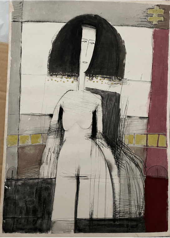 Third image of a woman staring to the side big swath of styled black hair, background is  maroon, black, white, grey and umber -- Another figure drawing with motion and stillness. 