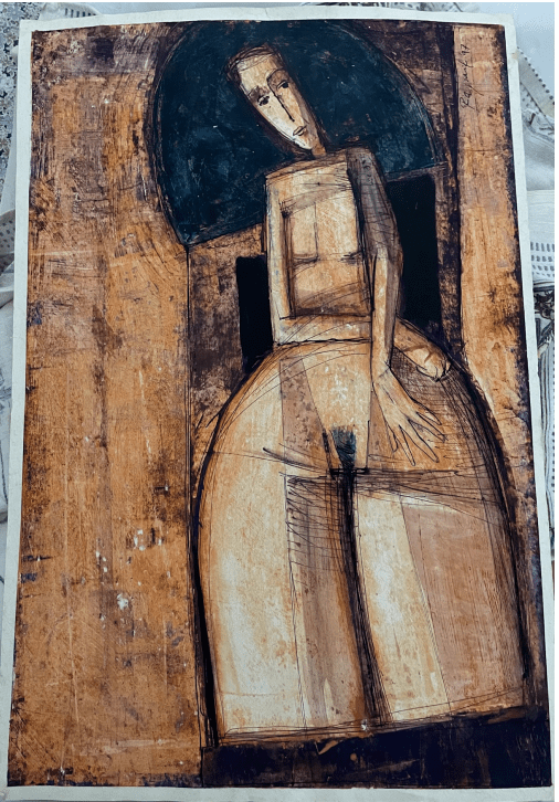 A towering woman as if carved from wood -- a painting -- watercolour --with a giant hat, brown-grainy background to match her enclosed figure. 