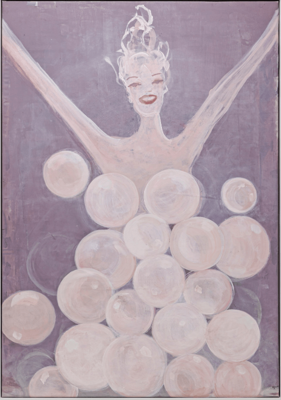 A painting of a 'beauty queen" pinks and mauve and white. She has her arms outstretched to the edges of the canvas, wearing a white-pink tiara crown, surrounded from clavicle down with larger and smaller bubbles/balloons. An expressionistic gestural painting. Cathy Daley (2021).