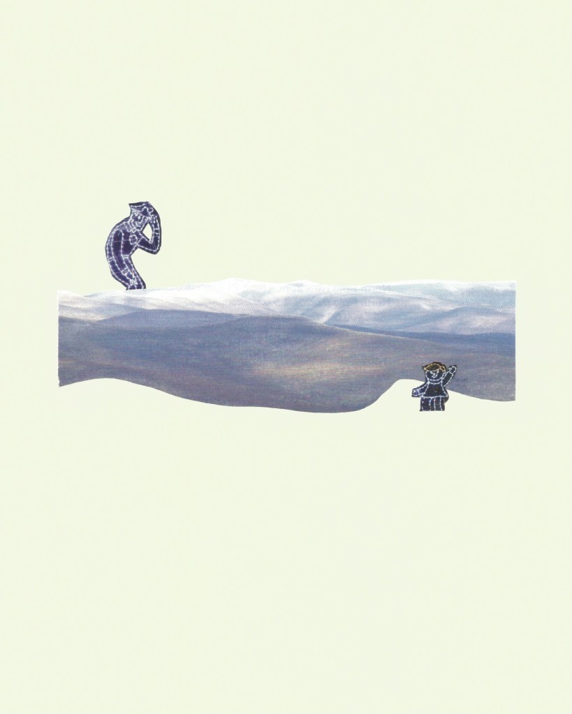 Two cut out figures -- cartoon ciphers -- a police man, a little girl -- between them mountains with snow and forested mountains-- cut in the shape of a wave. 