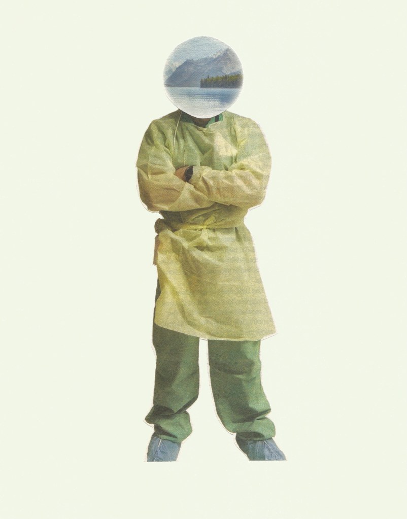 Registered Nurse -- a man with arms folded in front of his chest, wearing a hospital gown - yellow -- green pants -- His head is replaced by a circular landscape scene of pristine nature: sky, mountains, trees, water.