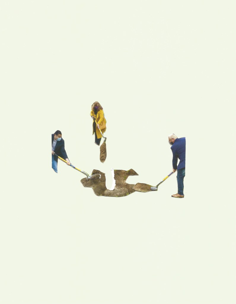 Collage of 2 men one woman with shovels digging -- the ground is torn cut paper. 