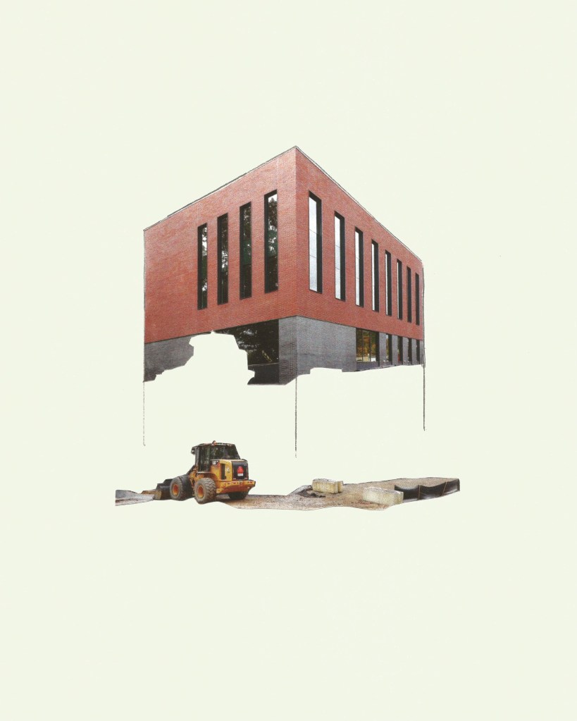 An office building -- under construction -- below a bulldozer, bits of concrete. A template of 'civilization, construction, sameness of contemporary architecture 