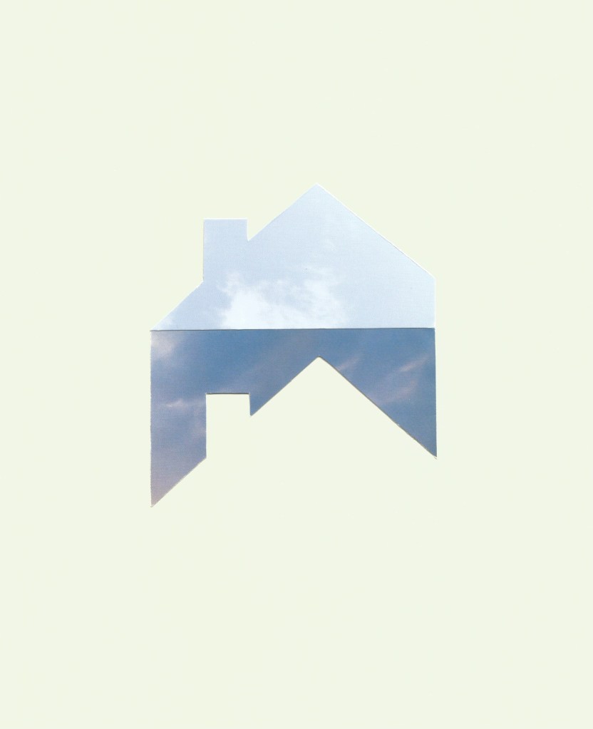 Sky lighter and darker in the shape of a house architectural template floating in the center of the pale yellow-green background. 