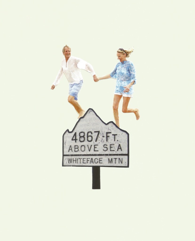 A middle class white couple -- middle-aged -- privileged -- run behind a sign that reads: 4867-FT ABOVE SEA WHITEFACE MTN. Pale yellow background.
