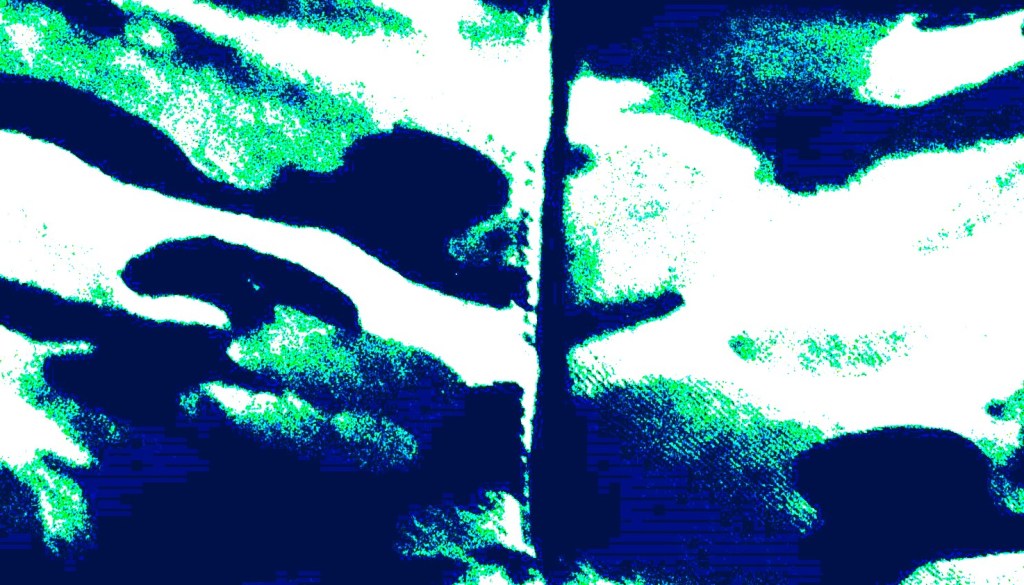 Blue /green & white washes - undulating visual waves, sonar palate. small scale horizontal version of 'various forms of camouflage" by robert frede kenter
