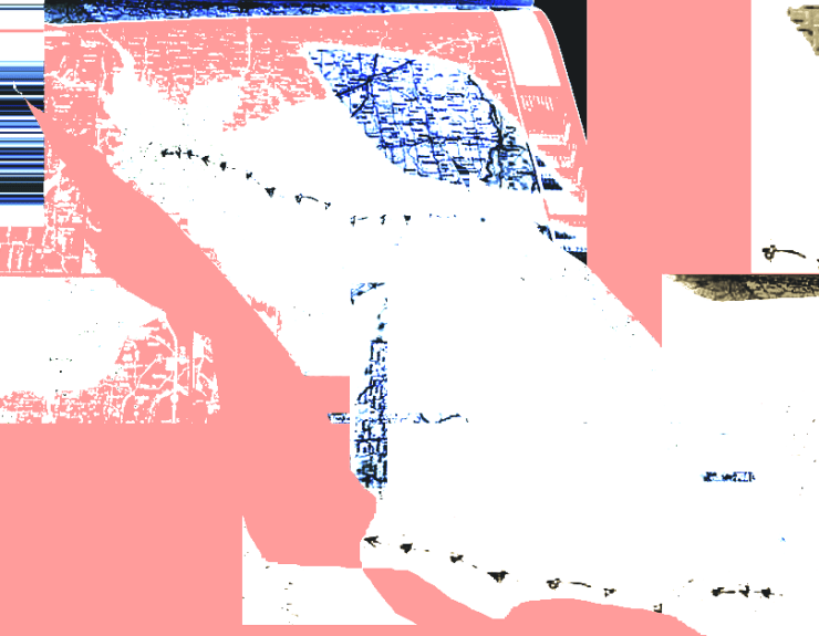Small rectangle variant of Tectonic series. # 11. Pink, ink blue, black. A collage of geometric and free-morph shapes approximating atlas cartographies w/glitch elements, land mass, rivers, routes. (c) robert Frede Kenter 2023. right situated on page. Ty Maggs Vibo (2022) for the diamond road map fragment (ink blue top centre)