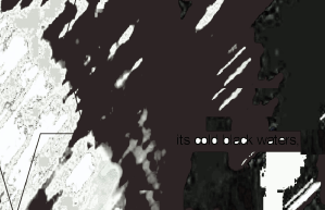 Black brown grey and white excerpt from larger visual poem by Robert Frede Kenter. Morphing, diagonals, geometric shapes, like abstract film reel, in freeze frame. 