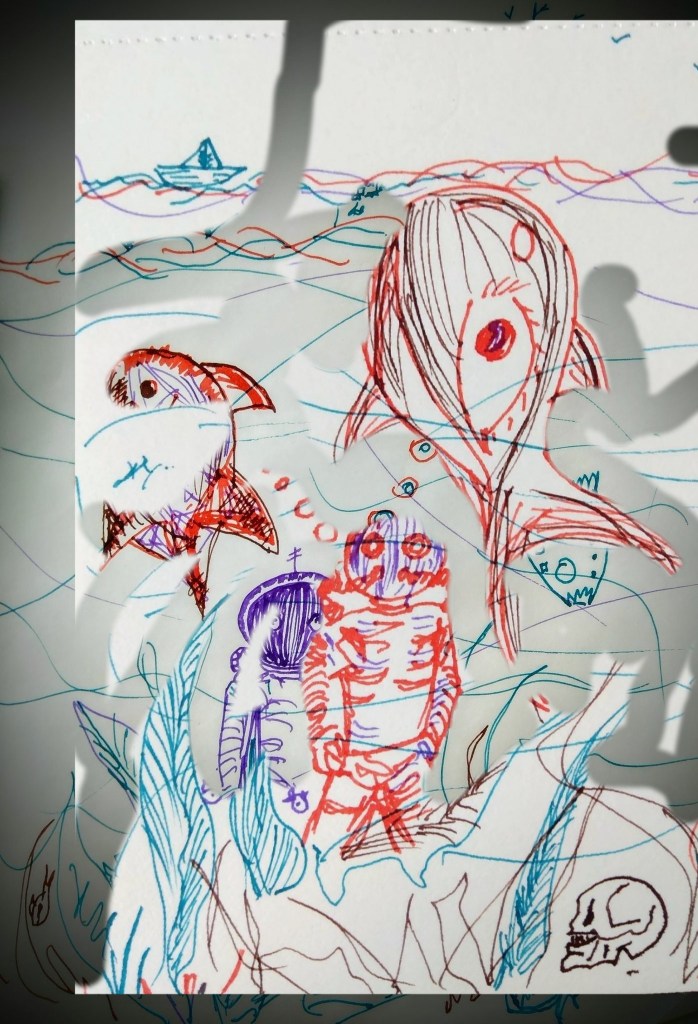 Zombodroid (2023) a line drawing by Kushal Poddar. Fish in red green purple fanciful floating below or in the ocean with a tiny paper boat above on the left in green. Green gestural markings scrawled and scratched throughout represent the water. Dancing grey swirls and squiggle shadow markings superimpose another layer and extend from punch-hole blank-notepad paper (the drawing surface) to the left side and above in a layering effect.