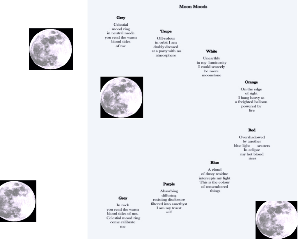 The poem Moon Moods with small moons arrayed in a pattern around the text which forms an arc -- reading from left to right like arcs of the moon.