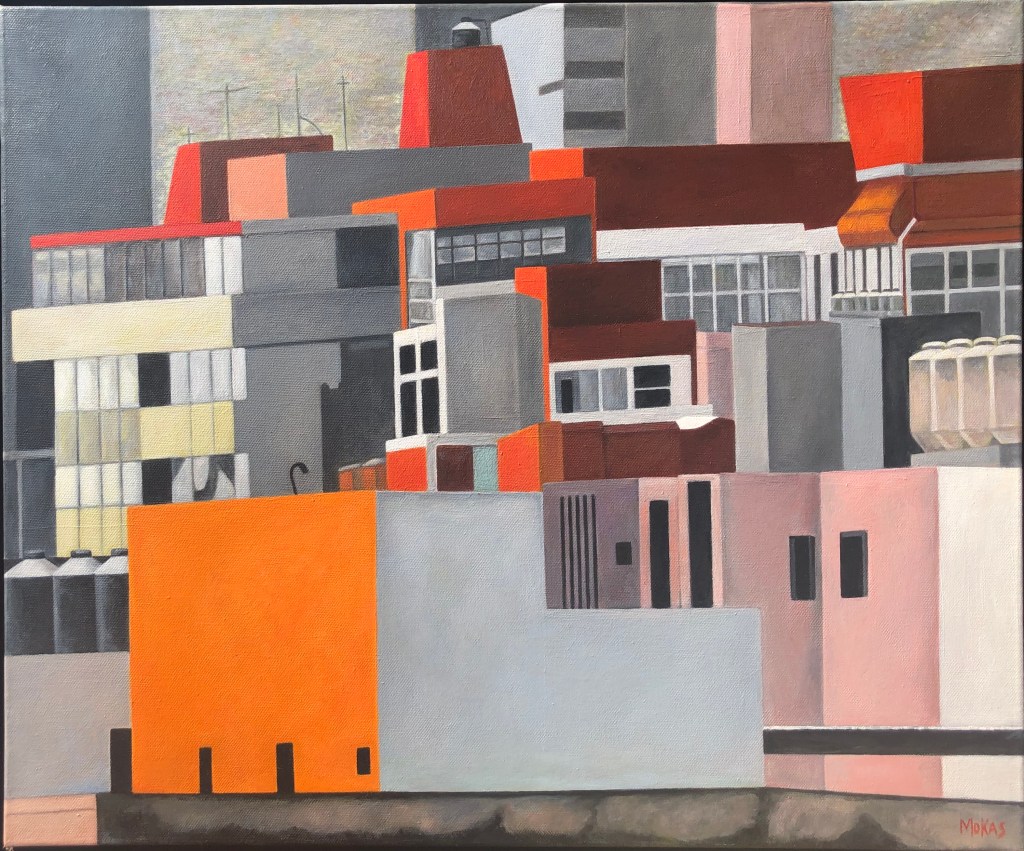 Orange, red, yellow, shades of black, pink, grey. Geometrical layered city scape.