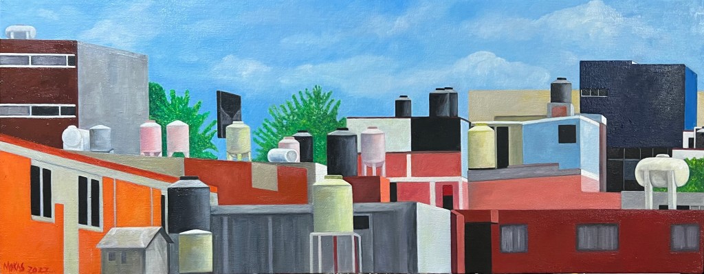 Bright poppy colours depicting another view out a window onto painted low rise buildings with water towers. Playful, pastel colours: pink, yellow, powder blues, orange, crimson, black -- against a blue sky with soft clouds.