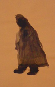 A brown watercolor wash of a figure, turned to the left, walking in a heavy coat, boots. Gestural, moody vision on auburn paper.   A work by Cathy Daley