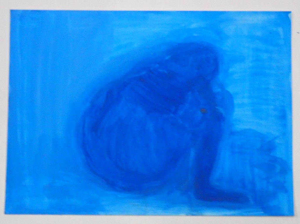 A painting royal blue gestural figure sitting crouching hands on knees, a textured blue background, twilight, moody. A painting by Cathy Daley.