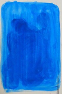 Two figures in silhouette dark royal blue on a lighter blue background, gestural. an untitled work by Cathy Daley