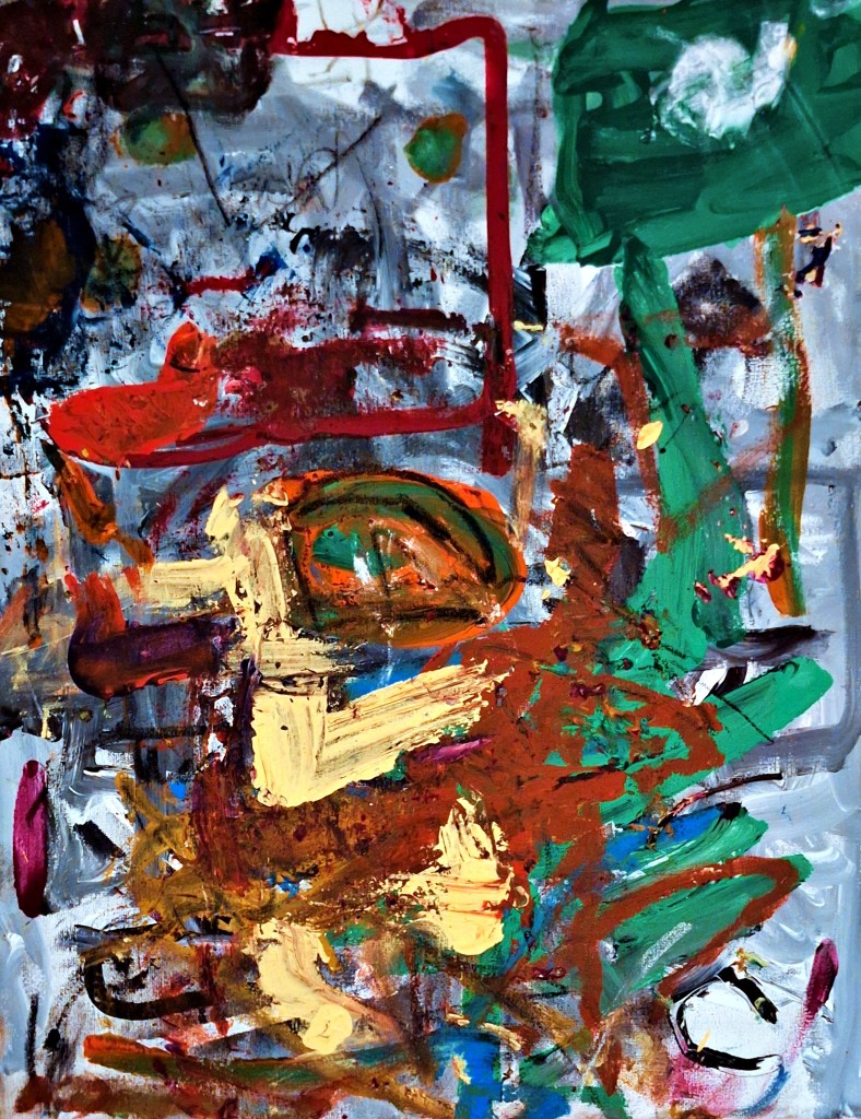 Abstract vibrant colours and shapes. Red, yellow, green, pale blue background with violent elements of kaleidoscopic movement