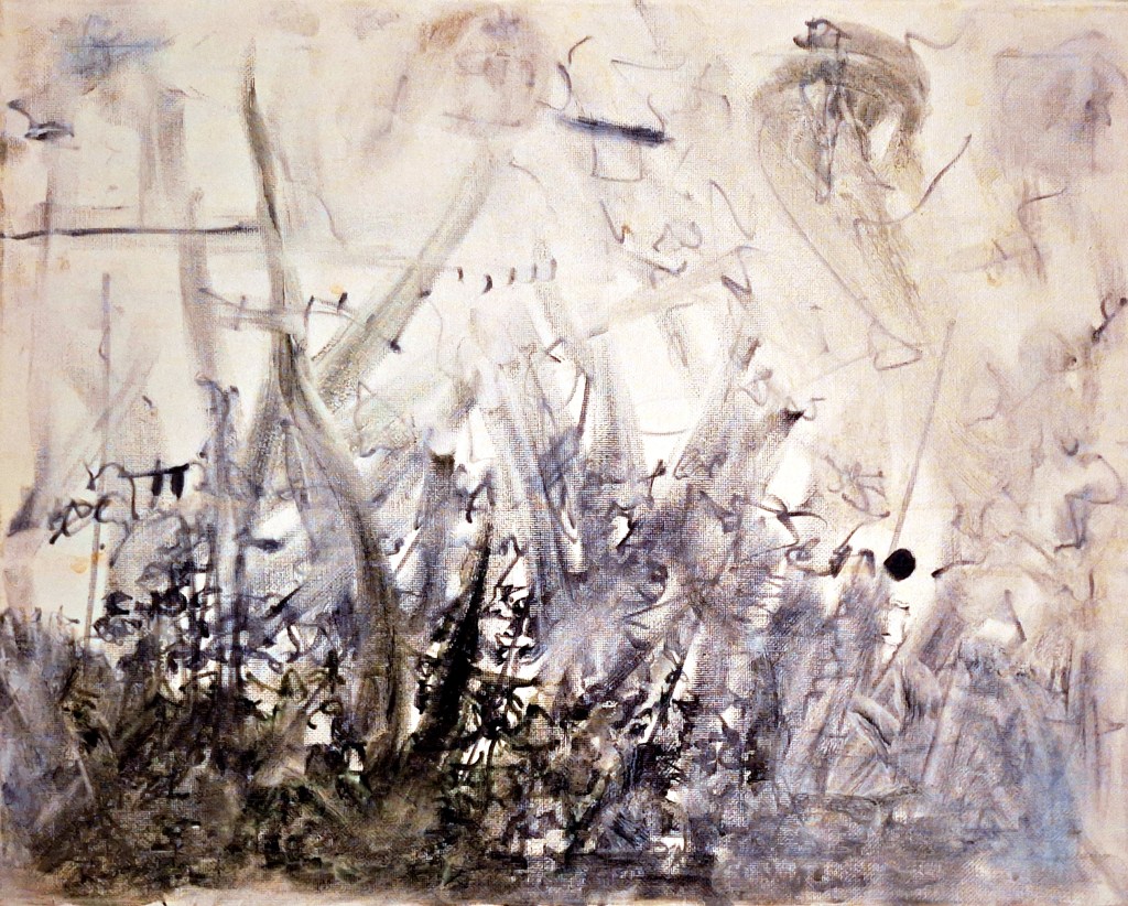 Asemic painting horizontal landscape of grey and beige, delicate yellow-pink glow, fields, figures rising up from the ground. Mysterious. 