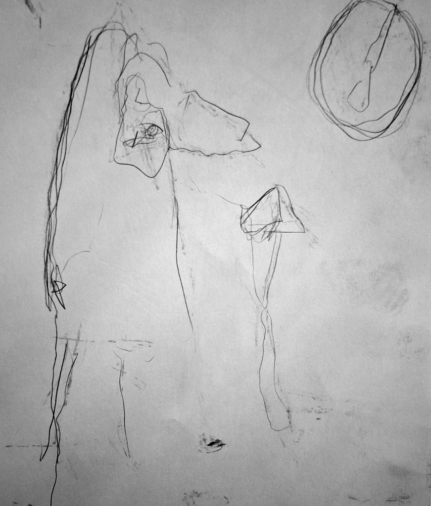 An asemic drawing of graphite on paper, three figures in an unknown relationship to each other. A dark sad mood of contemplation.