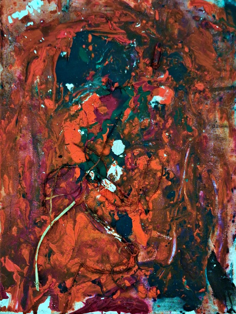 Red and orange abstract painting on acrylic with wire and diodes for mixed media effect. Swirling shapes and hallucinatory.