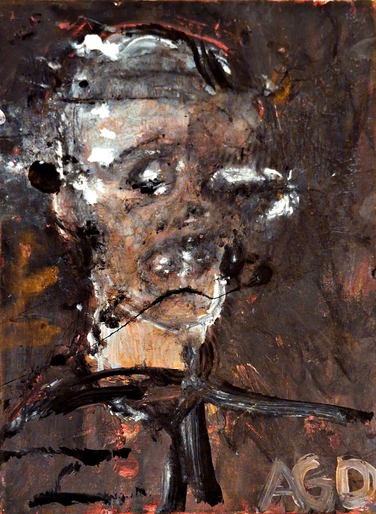 An umber brown cracked acrylic painting thick layers a portrait of the head of the artist skull-skeletal monstrous looking to the right with white gouged eyes.