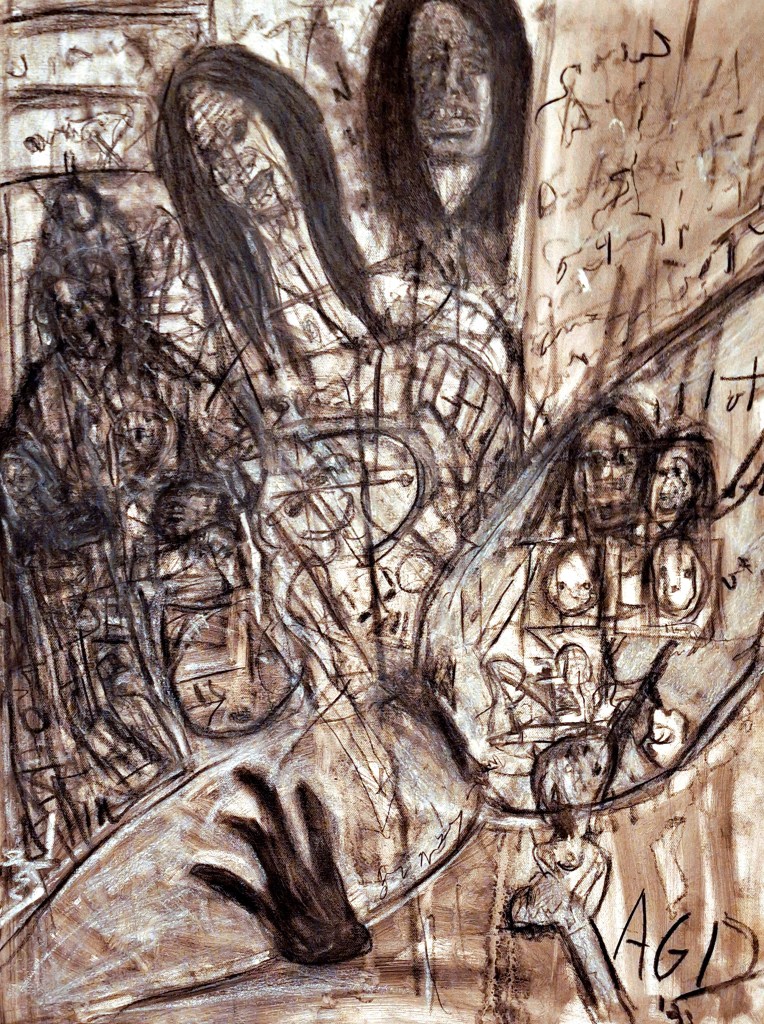 many heads, grey-brown coloring, handwriting, abstracted swirling figures, asemic, multifocal, dense, at bottom a gloved hand clasping a lantern,  jazz and edgy vibe throughout.