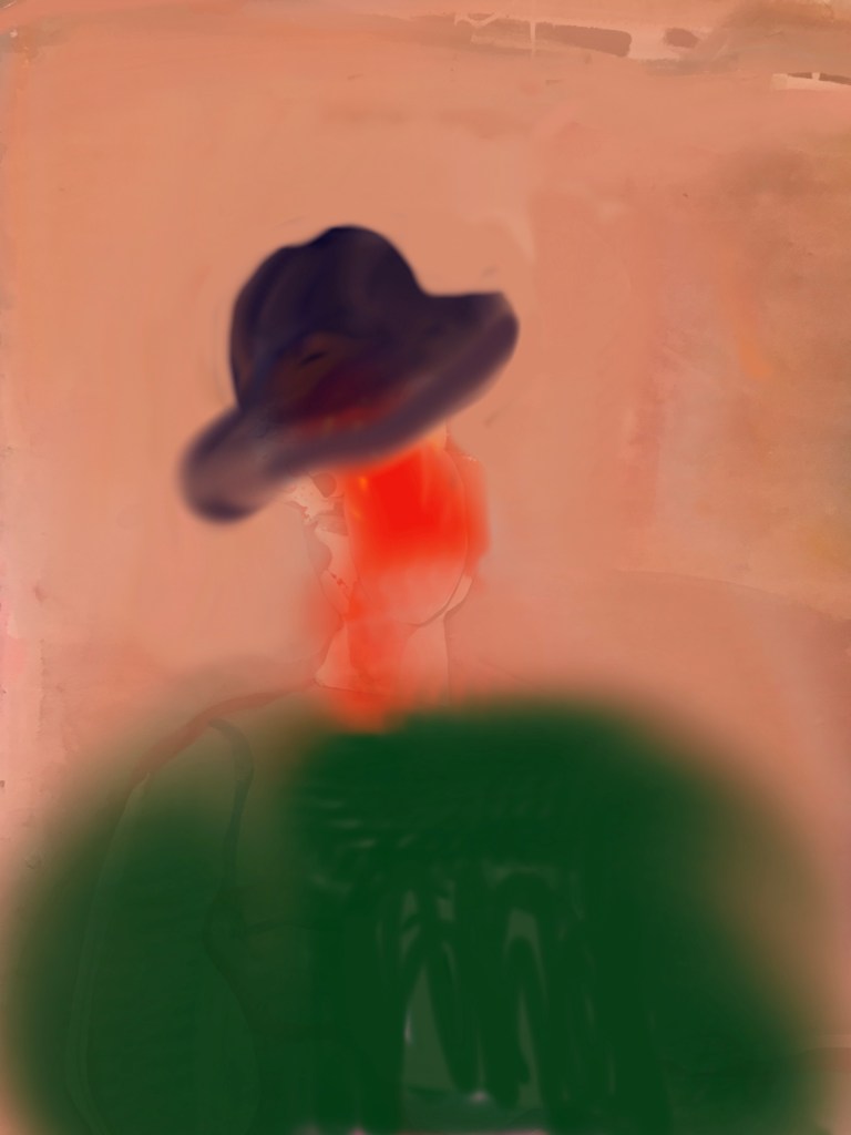 Drawing of a person in a bowler hat, stylized, red and pink face, apricot background, dark green torso (a coat).. in a side-profile. by Canadian artist Cathy Daley (c) (2021).