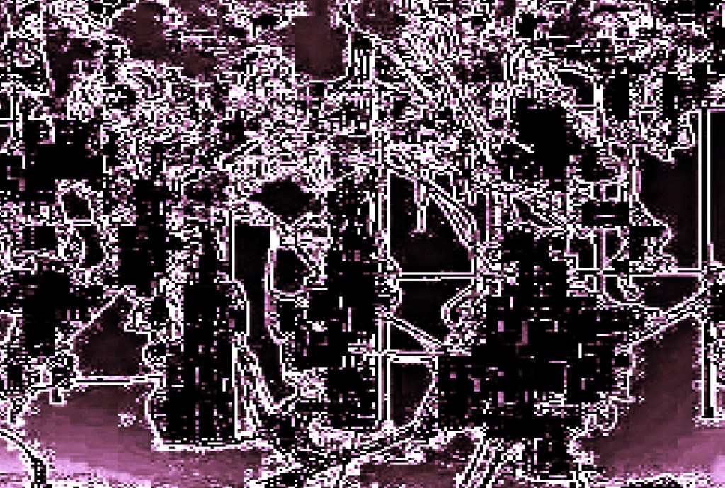 Network: abstract glitch grid map in white black and purple. a Vispo by Robert Frede Kenter