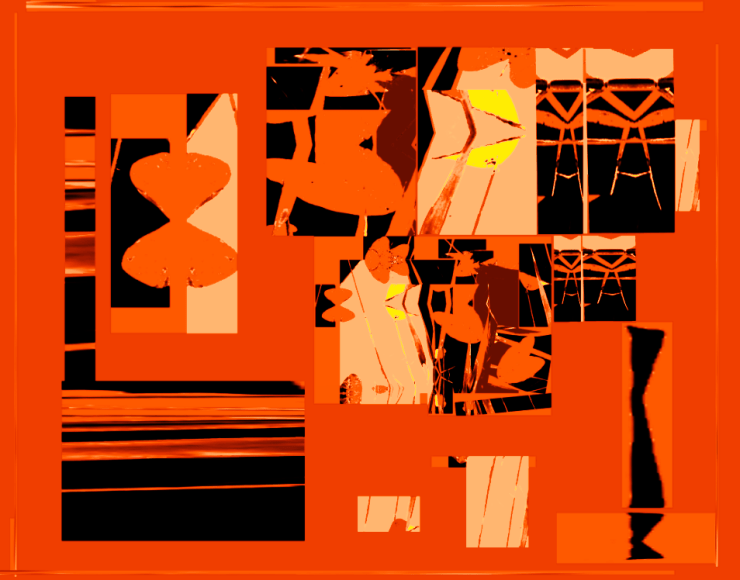 Visual poem collage by Robert Frede Kenter glitch abstraction lots of orange shades, yellow and black, rectangles, squiggly lines morphing body-shapes.