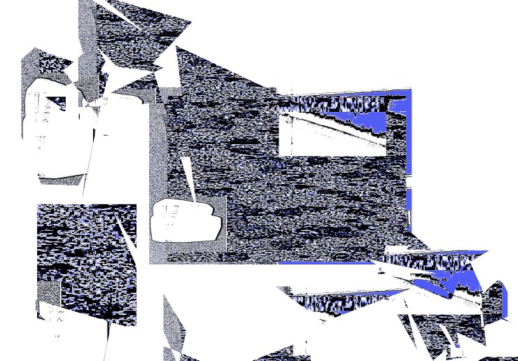 geometric collage of morphing elements glitch grey midnight blue charcoal black on white background. a visual poem by robert frede kenter