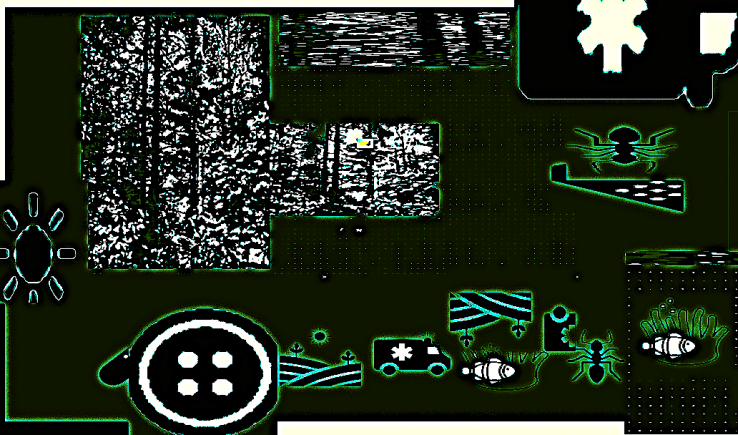 A collage art work of trees, signals, ants, trucks, signage, buttons titled Homologous by Robert Frede Kenter in black white and emerald green.