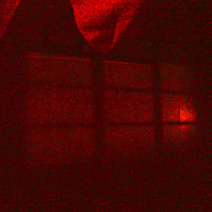 Curtains, a window, with metal slats. To Rise and Run. Colours crimson and black speckles. Grainy.  "To Run Again, to Rise" (c) 2025 Robert Frede Kenter.  