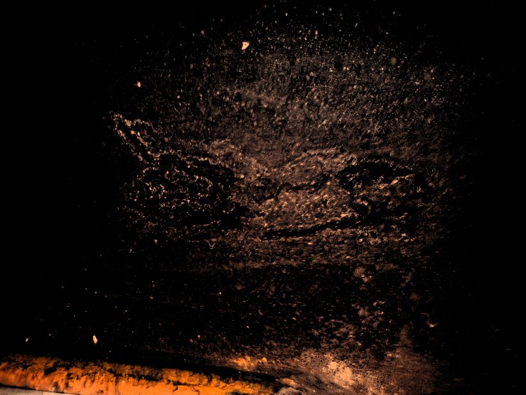 black background, a pattern of swimming stars, abstracted, a heart monitor, the vastness of macro-micro configurations, banana-orange foreground. "Pulse" a visual poem by Robert Frede Kenter (2025).
