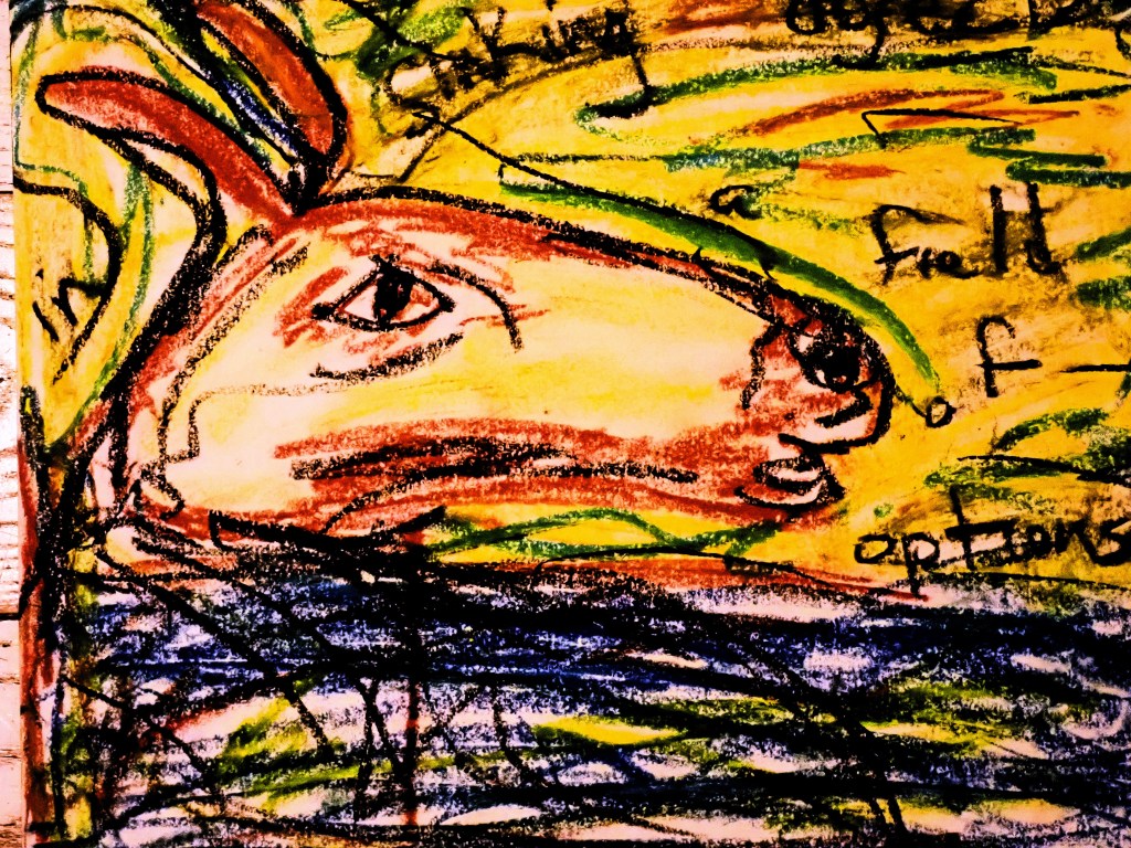 A Field of Options (a painting by robert frede kenter).  A red-black-yellow horse head, swimming above black and royal blue waves, yellow sky, green and red and brown asemic markings & text. (sinking in a field of options, black, hand written arrayed clockwise around the horse head)