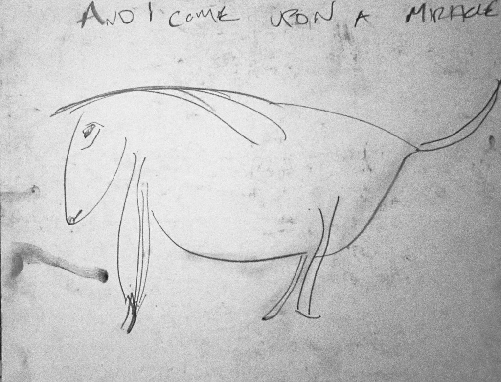 And I came upon a miracle. A drawing by Robert Frede Kenter. A monochromatic gestural drawing of a horse, looking to the left.  Graphite on paper. 