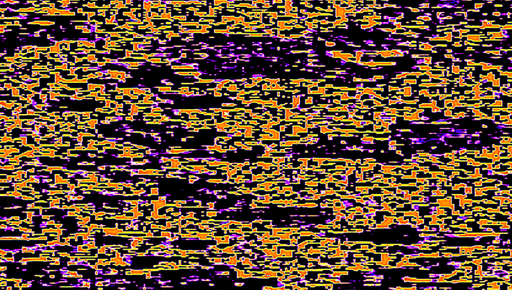 "Static- Monitor" A glitch abstract vispo by robert frede kenter (2025). Purple, orange green floating shapes.