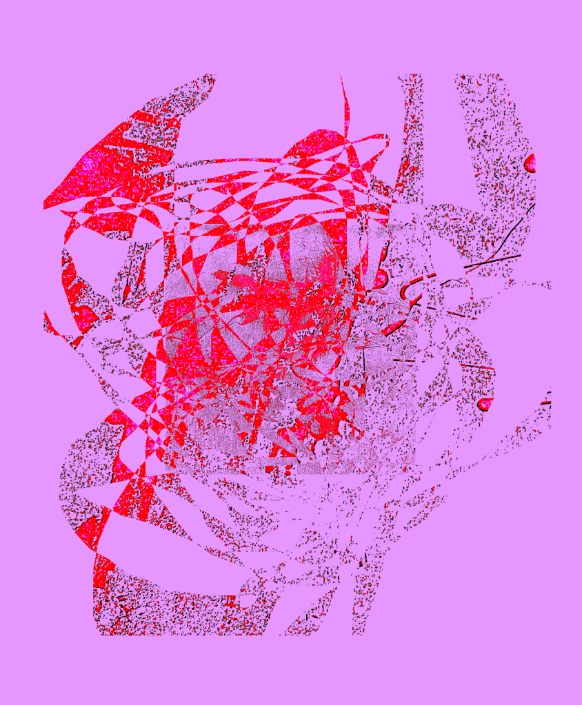 Mauve backdrop with vibrant red and purple abstract shapes -- a cosmos vispo "Maelstrom by Robert Frede Kenter (c) 2025.