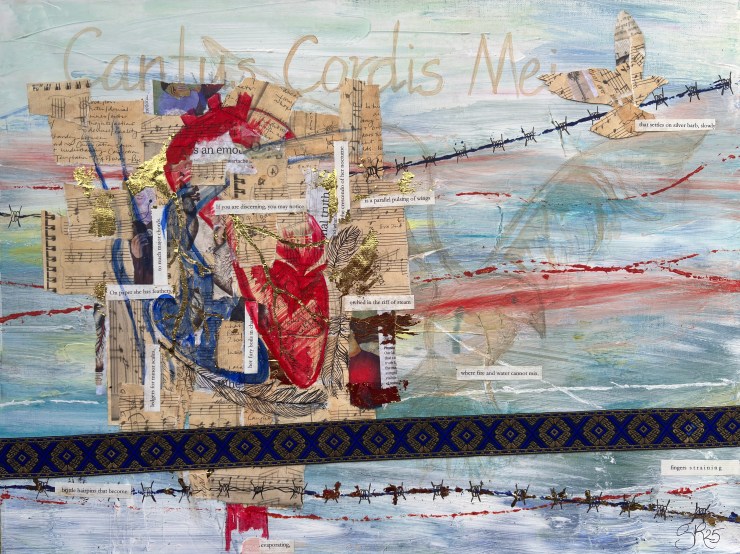 A visual poetry collage of elements including music scores transformed into birds, barbed wire, hearts, an abstract background wash of pale blues and greens, reds, and text fragments