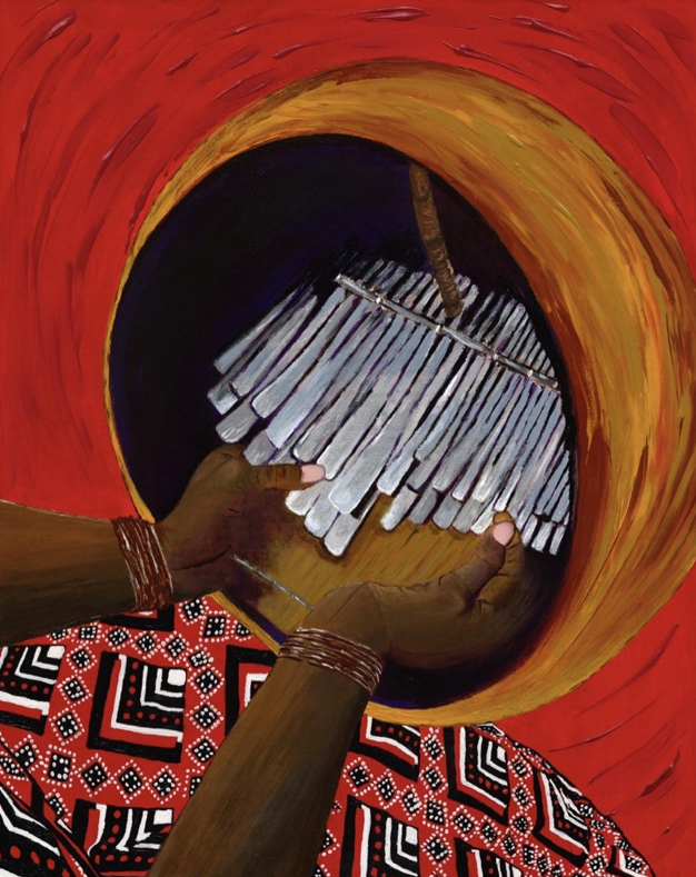A painting of a mbira player, the instrument, the musician's hands and a crimson textured backdrop. A painting by Samantha Rumbidzai Vazhure.  